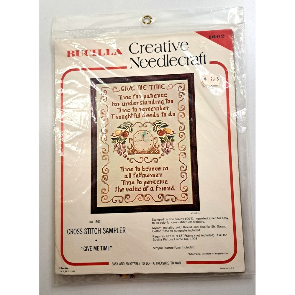 Give Me Time Vintage Linen Cross Stitch Sampler NIP Bucilla 11x14 Clock Crafting